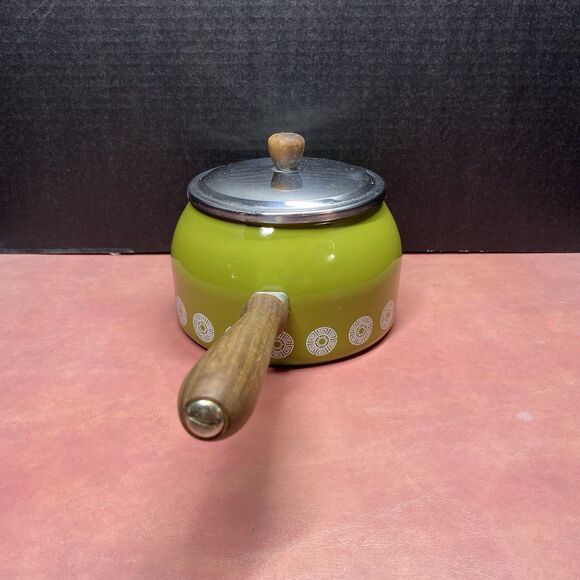Vintage Mid Century Modern Enamel Saucepan Plate Fondue Pot Wood Handle Green - Picture 6 of 12